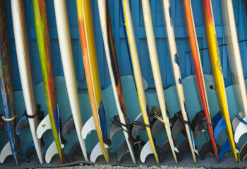 Row Of Surfboards Lined Up Against A Wall.