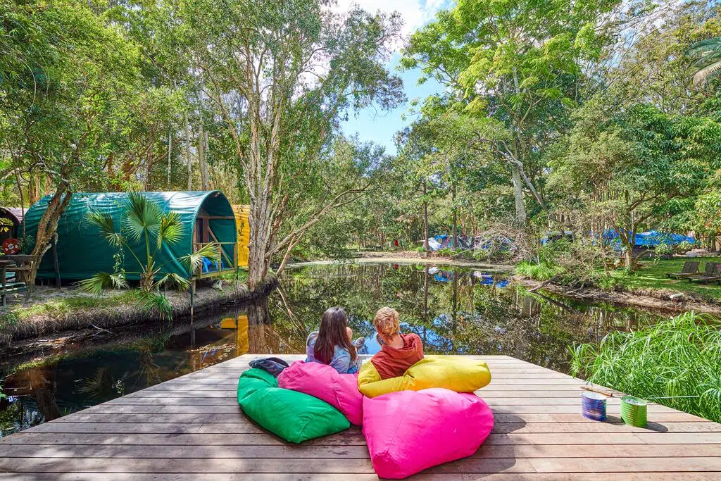 Beanbags and gardens at the Arts Factory Lodge in Byron Bay