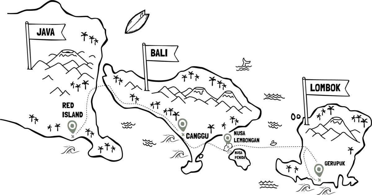 Map of the Red Island surf camp in Java, west of Mojosurf's Canggu camp in Bali, with the route between them
