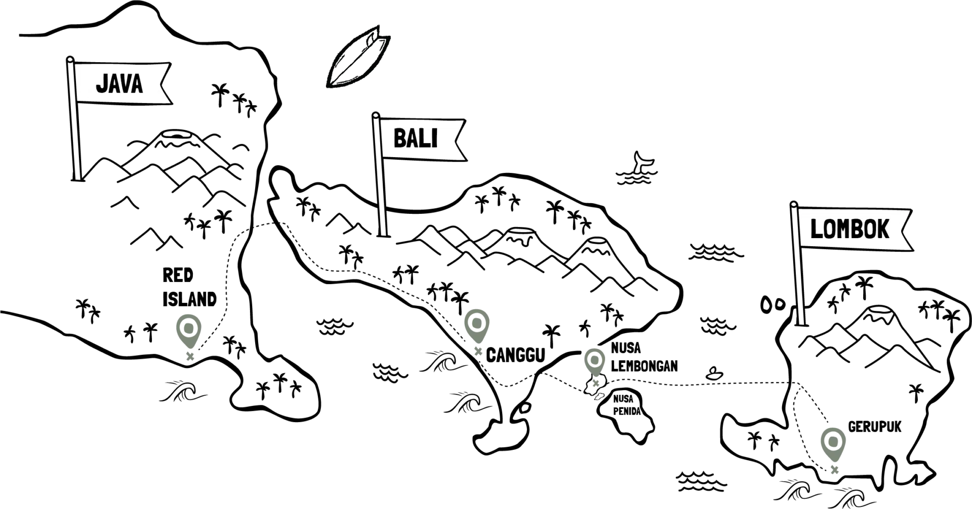 Map of Java, Bali and Lombok showing the Mojosurf surf camps at Red Island, Canggu, Nusa Lembongan and Lombok
