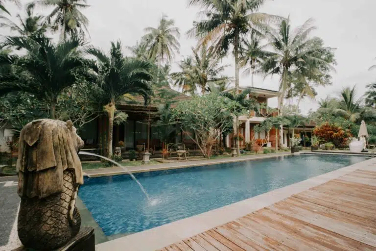 Pool and palm trees at the Mojosurf camp on Red Island
