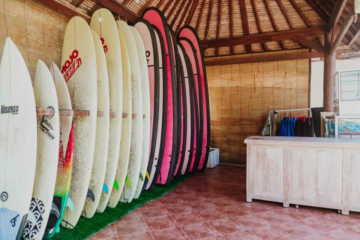 Rack of surfboards at a Mojosurf camp in Bali