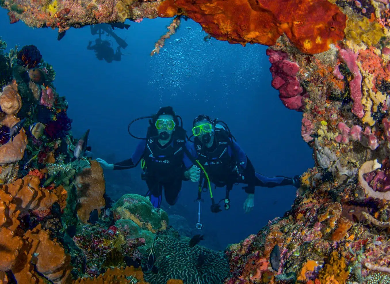 Divers exploring a coral reef near Nusa Lembongan