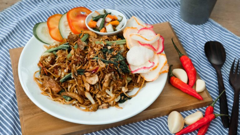 Plate of Indonesian noodles and satay