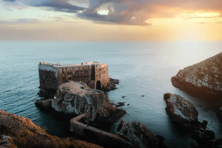 Sunset over the rocky coast at Peniche