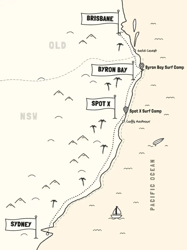 Map of the surf camp route from Sydney up Australia's East Coast to Spot X, Byron Bay, Gold Coast and Brisbane