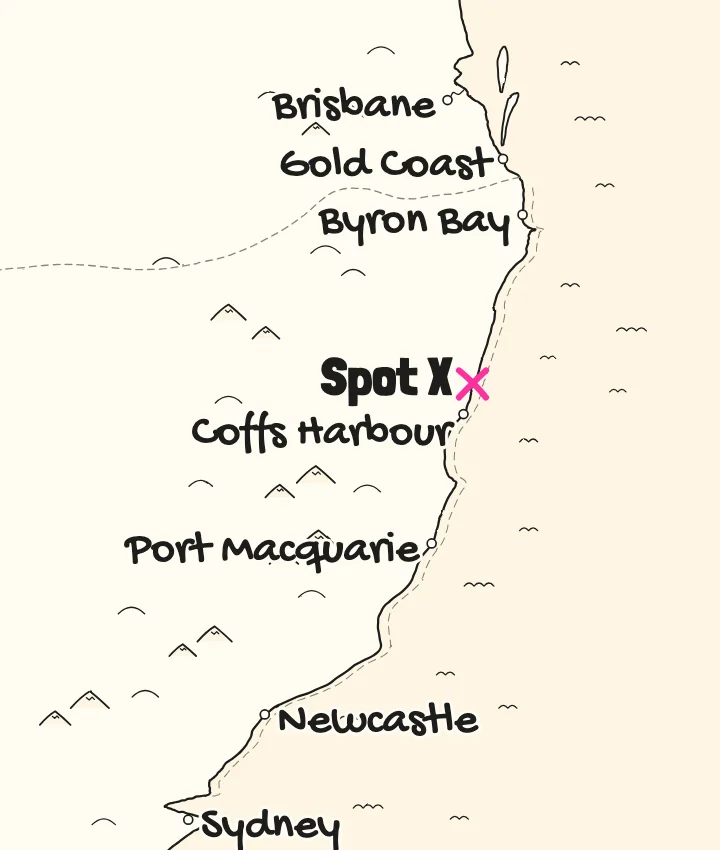 Map of the coast from Brisbane to Sydney with an X marking the Mojosurf Spot X surf camp at Arrawarra, just north of Coffs Harbour